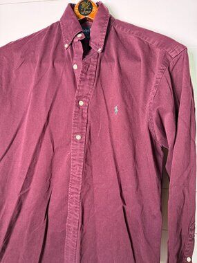 Ralph Lauren Burgandy Long Sleeve Button Down Green Pony 100% Cotton Sz Small